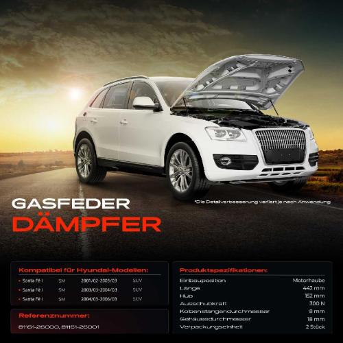Frankberg 2x Gasfeder Dämpfer Motorhaube für Hyundai Santa Fé I SM SUV 2001-2006 Bild Frankberg 2x Gasfeder Dämpfer Motorhaube für Hyundai Santa Fé I SM SUV 2001-2006