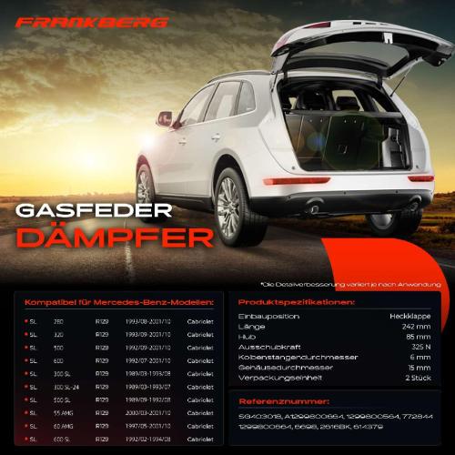 2x Gasfeder Dämpfer Heckklappe Mercedes-Benz SL R129 Cabriolet 1989-2001 Bild 2x Gasfeder Dämpfer Heckklappe Mercedes-Benz SL R129 Cabriolet 1989-2001