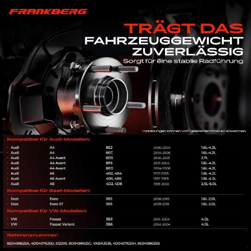 Frankberg 1x Radnabe Radlagersatz Vorne und Hinten für VW Passat Variant Audi A4 Avant Cabriolet A6 A8 Seat Bild Frankberg 1x Radnabe Radlagersatz Vorne und Hinten für VW Passat Variant Audi A4 Avant Cabriolet A6 A8 Seat