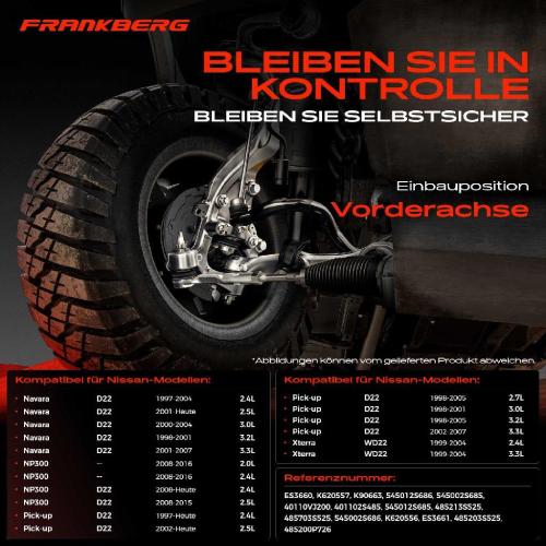 Frankberg 1x Querlenker Satz Vorderachse für Nissan Navara Pritsche/Fahrgestell NP300 Pick-up Xterra 3.2L 2.7L Bj ab 1997 Bild Frankberg 1x Querlenker Satz Vorderachse für Nissan Navara Pritsche/Fahrgestell NP300 Pick-up Xterra 3.2L 2.7L Bj ab 1997