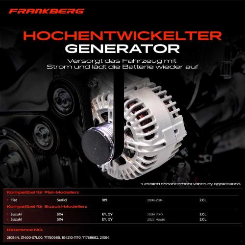 Frankberg 1x Lichtmaschine Generator für Fiat Sedici Suzuki SX4 2.0L Bj ab 2006 Bild Frankberg 1x Lichtmaschine Generator für Fiat Sedici Suzuki SX4 2.0L Bj ab 2006