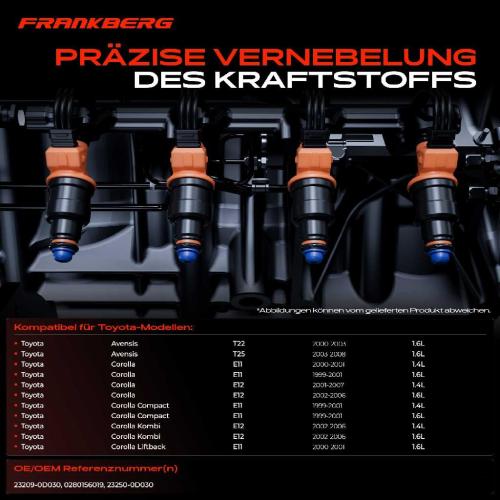 Frankberg 4x Einspritzventil Einspritzdüse für Toyota Avensis T22 T25 Corolla E11 1.4L 1.6L Bild Frankberg 4x Einspritzventil Einspritzdüse für Toyota Avensis T22 T25 Corolla E11 1.4L 1.6L