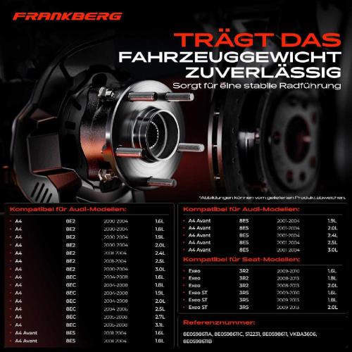 Frankberg 1x Radnabe Radlagersatz Hinterachse beidseitig für Audi A4 Avant Cabriolet 8E2 8EC Seat Exeo ST Bild Frankberg 1x Radnabe Radlagersatz Hinterachse beidseitig für Audi A4 Avant Cabriolet 8E2 8EC Seat Exeo ST