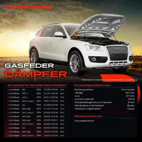 Frankberg 1x Gasfeder Dämpfer Motorhaube für Mercedes-Benz GLK-Klasse X204 SUV 2008-2015 Bild Frankberg 1x Gasfeder Dämpfer Motorhaube für Mercedes-Benz GLK-Klasse X204 SUV 2008-2015