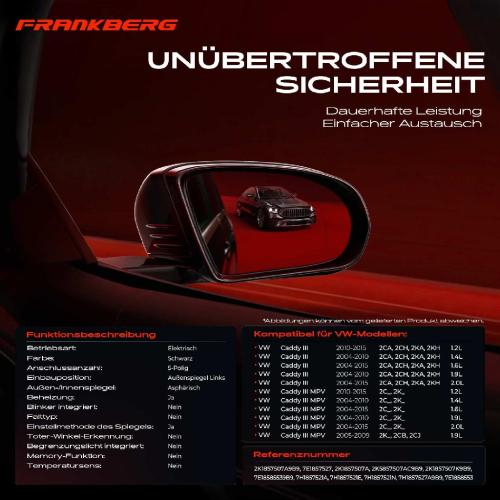 Frankberg 1x Außenspiegel Links für VW Caddy III 2CB 2CJ 2CA 2CH 2KA 2KH2004-2015 Bild Frankberg 1x Außenspiegel Links für VW Caddy III 2CB 2CJ 2CA 2CH 2KA 2KH2004-2015