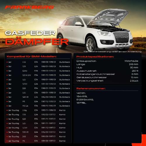 2x Gasfeder Dämpfer Motorhaube für BMW 5ER E34 Stufenheck Kombi 1987-1997 Bild 2x Gasfeder Dämpfer Motorhaube für BMW 5ER E34 Stufenheck Kombi 1987-1997