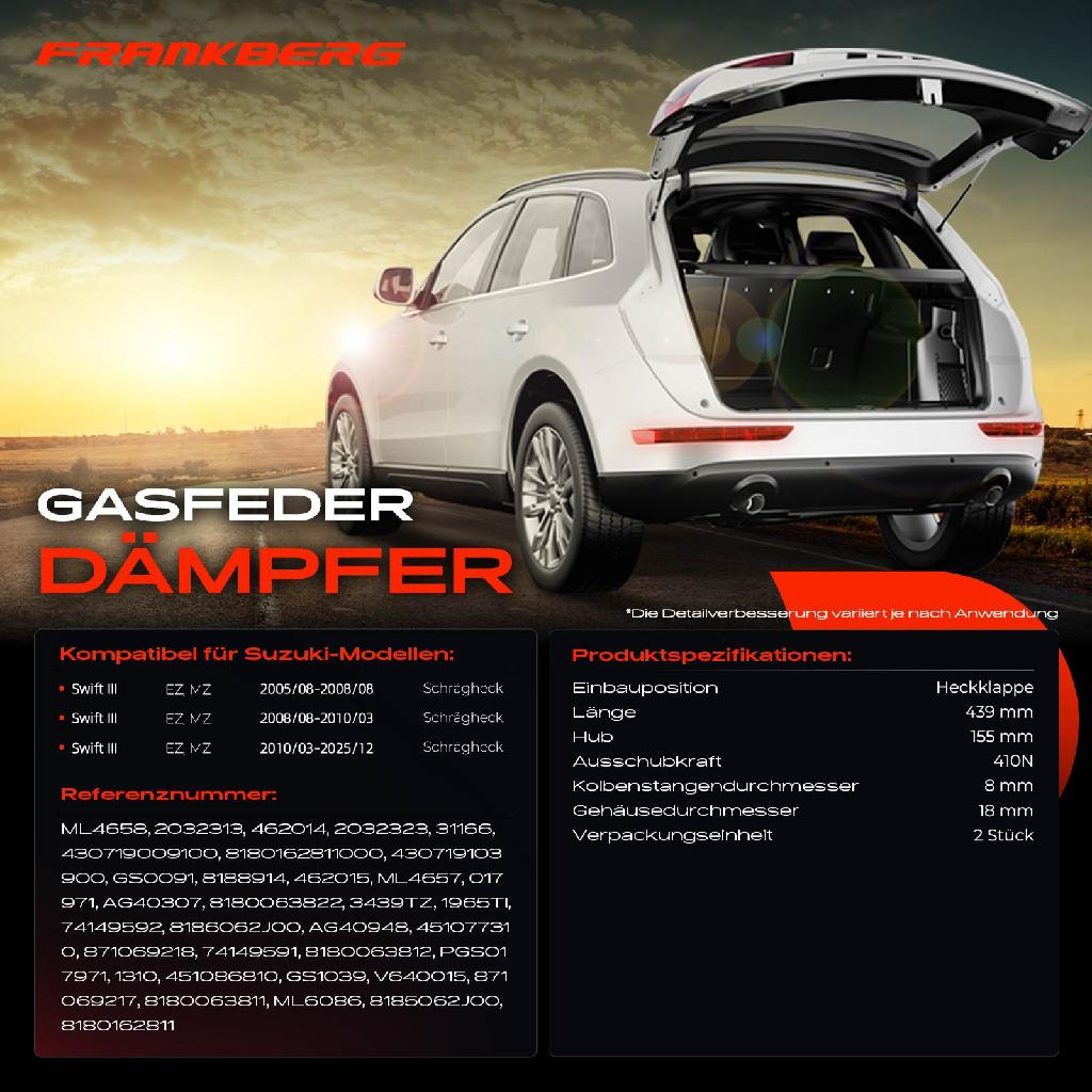 2x Gasfeder Dämpfer Heckklappe Suzuki Swift III EZ MZ Schrägheck Bj ab 2005