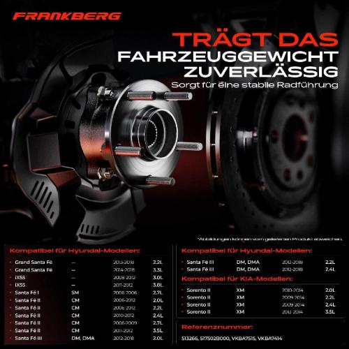 Frankberg 1x Radnabe Radlagersatz Vorne und Hinten für Hyundai Grand Santa Fé iX55 I II III KIA Sorento Bild Frankberg 1x Radnabe Radlagersatz Vorne und Hinten für Hyundai Grand Santa Fé iX55 I II III KIA Sorento