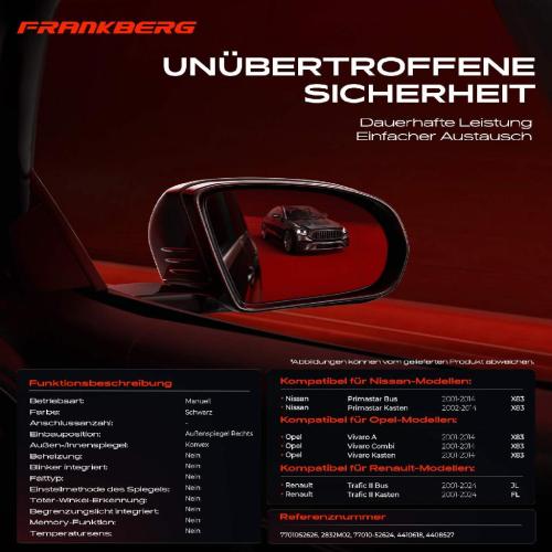 Frankberg 1x Außenspiegel Rechts für Opel Vivaro A Pritsche Combi Nissan Primastar Bus Renault Bild Frankberg 1x Außenspiegel Rechts für Opel Vivaro A Pritsche Combi Nissan Primastar Bus Renault
