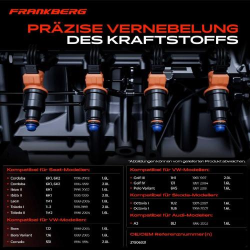 Frankberg 4x Einspritzventil Einspritzdüse für VW Golf Polo Audi A3 8L Skoda Seat Bild Frankberg 4x Einspritzventil Einspritzdüse für VW Golf Polo Audi A3 8L Skoda Seat