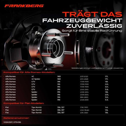 Frankberg 1x Radnabe Radlagersatz Vorne und Hinten für Alfa Romeo 4C Spider GTV Fiat Tipo Kombi Schrägheck Bild Frankberg 1x Radnabe Radlagersatz Vorne und Hinten für Alfa Romeo 4C Spider GTV Fiat Tipo Kombi Schrägheck