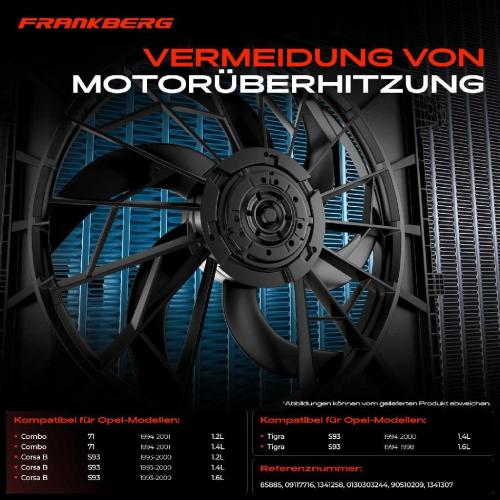 Frankberg 1x Motorkühller Einfachlüfter ohne Kühlerlüfterrahmen Opel Combo Corsa B Tigra 1.2L 1.4L 1.6L 1993-2001 Bild Frankberg 1x Motorkühller Einfachlüfter ohne Kühlerlüfterrahmen Opel Combo Corsa B Tigra 1.2L 1.4L 1.6L 1993-2001