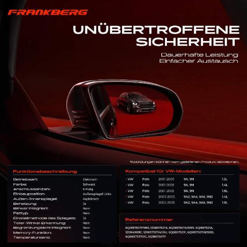 Frankberg 1x Außenspiegel Links für VW Polo 9A 9N 9A2 9A4 9A6 9N2 1.2L 1.4L 1.9L 2001-2005 Bild Frankberg 1x Außenspiegel Links für VW Polo 9A 9N 9A2 9A4 9A6 9N2 1.2L 1.4L 1.9L 2001-2005