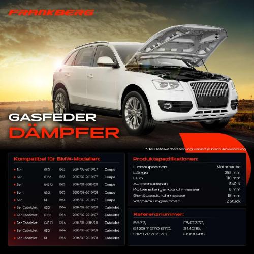 Frankberg 2x Gasfeder Dämpfer Motorhaube für BMW 6er E63 E64 Coupe Cabriolet 2004-2010 Bild Frankberg 2x Gasfeder Dämpfer Motorhaube für BMW 6er E63 E64 Coupe Cabriolet 2004-2010