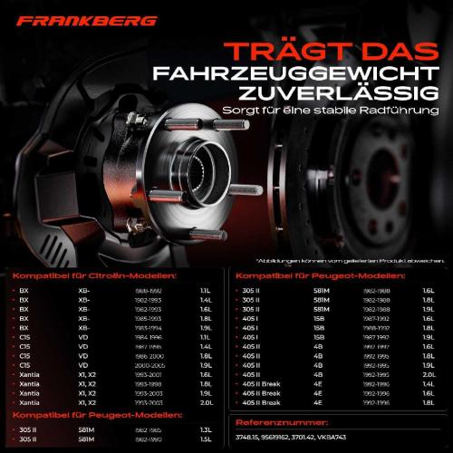 Frankberg 1x Radnabe Radlagersatz Hinterachse beidseitig für Citroën BX Break C15 Kombi Xantia Peugeot 305 II 405 I Bild Frankberg 1x Radnabe Radlagersatz Hinterachse beidseitig für Citroën BX Break C15 Kombi Xantia Peugeot 305 II 405 I