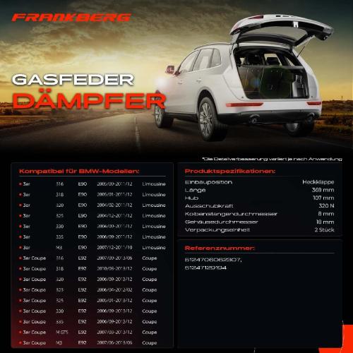 2x Gasfeder Dämpfer Heckklappe BMW 3er E90 Limousine E92 Coupe 2004-2013 Bild 2x Gasfeder Dämpfer Heckklappe BMW 3er E90 Limousine E92 Coupe 2004-2013