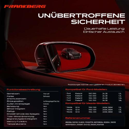 Frankberg 1x Außenspiegel Rechts für Ford Fiesta IV JA JB Mazda 121 III JASM JBSM 1995-2003 Bild Frankberg 1x Außenspiegel Rechts für Ford Fiesta IV JA JB Mazda 121 III JASM JBSM 1995-2003