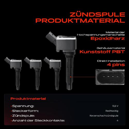 4x Zündspule Zündkerze für VW Golf VI Scirocco Audi A1 Sportback A3 A4 Allroad Avant A5 Cabriolet Bild 4x Zündspule Zündkerze für VW Golf VI Scirocco Audi A1 Sportback A3 A4 Allroad Avant A5 Cabriolet