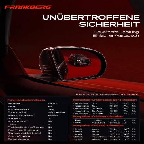 Frankberg 1x Außenspiegel Links für Mercedes-Benz Citan Kasten/MPV Mixto Tourer Nissan Renault Bild Frankberg 1x Außenspiegel Links für Mercedes-Benz Citan Kasten/MPV Mixto Tourer Nissan Renault