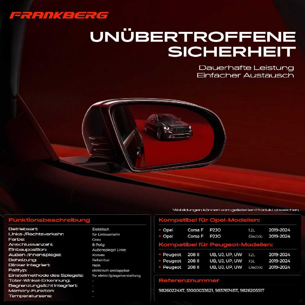 1x Außenspiegel Links für Opel Corsa F P2JO Peugeot 208 II UB UJ UP UW Bj ab 2019