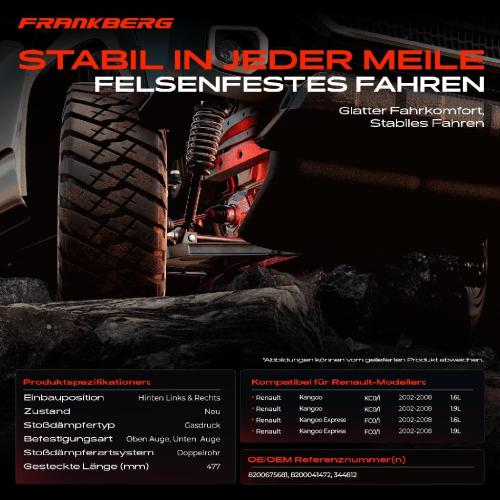 Frankberg 2x Stoßdämpfer Hinterachse für Renault Kangoo KC0/1 Kangoo Express FC0/1 2002-2008 Bild Frankberg 2x Stoßdämpfer Hinterachse für Renault Kangoo KC0/1 Kangoo Express FC0/1 2002-2008