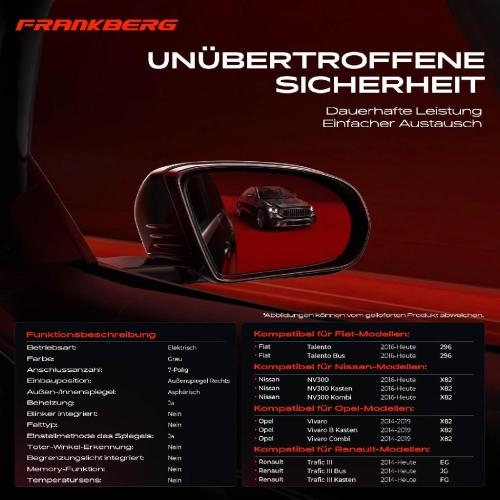 Frankberg 1x Außenspiegel Rechts für Opel Vivaro Combi Pritsche/Fahrgestell Fiat Nissan Renault Bild Frankberg 1x Außenspiegel Rechts für Opel Vivaro Combi Pritsche/Fahrgestell Fiat Nissan Renault