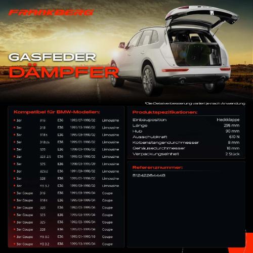 Frankberg 2x Gasfeder D mpfer Heckklappe f r BMW 3er E36 Coupe Limousine 1990-1999 Bild Frankberg 2x Gasfeder D mpfer Heckklappe f r BMW 3er E36 Coupe Limousine 1990-1999