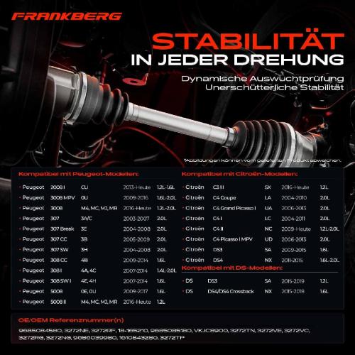 Frankberg 1x Antriebswelle Vorderachse Links für Citroen C3 3 SX C4 Coupe LA DS DS3 Peugeot 2008 I CU 307 Bild Frankberg 1x Antriebswelle Vorderachse Links für Citroen C3 3 SX C4 Coupe LA DS DS3 Peugeot 2008 I CU 307