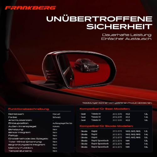 Frankberg 1x Außenspiegel Rechts für Seat Toledo IV KG3 Skoda Rapid NH3 NK3 NK6 NH1 2012-2015 Bild Frankberg 1x Außenspiegel Rechts für Seat Toledo IV KG3 Skoda Rapid NH3 NK3 NK6 NH1 2012-2015