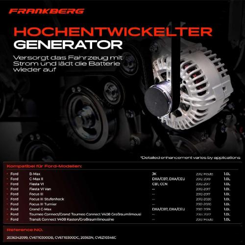 Frankberg 1x Lichtmaschine Generator für Ford Focus III Fiesta VI CB1 CCN B C-Max JK Bild Frankberg 1x Lichtmaschine Generator für Ford Focus III Fiesta VI CB1 CCN B C-Max JK