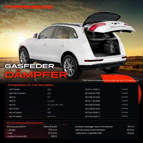 Frankberg 1x Gasfeder Dämpfer Motorhaube für VW Golf Alltrack BA5 BV5 VII Variant Kombi 2012-2016 Bild Frankberg 1x Gasfeder Dämpfer Motorhaube für VW Golf Alltrack BA5 BV5 VII Variant Kombi 2012-2016