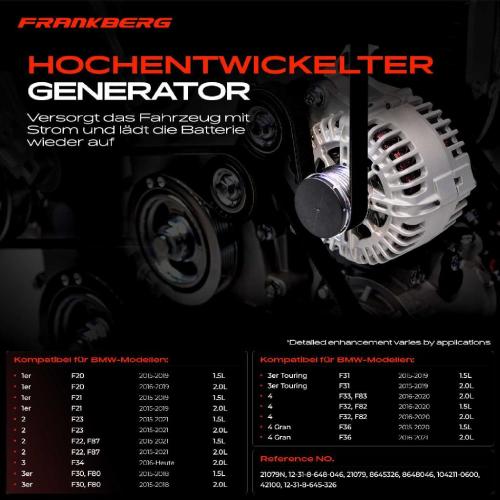 Frankberg 1x Lichtmaschine Generator für BMW 1er F20 3er F30 F80 2 Coupe 3 Gran Turismo Bild Frankberg 1x Lichtmaschine Generator für BMW 1er F20 3er F30 F80 2 Coupe 3 Gran Turismo