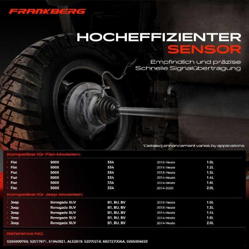 Frankberg 1x ABS Sensor Hinterachse beidseitig für Fiat 500X Jeep Renegade SUV 1.0L 1.2L 1.3L 1.4L 1.6L 2.0L Bj ab 2014 Bild Frankberg 1x ABS Sensor Hinterachse beidseitig für Fiat 500X Jeep Renegade SUV 1.0L 1.2L 1.3L 1.4L 1.6L 2.0L Bj ab 2014