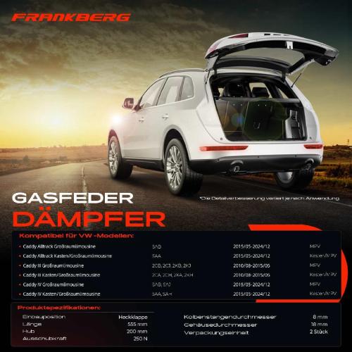 Frankberg 2x Gasfeder Dämpfer Heckklappe für VW Caddy Alltrack SAB SAA 2CB 2CJ Kasten/MPV Bj ab 2010 Bild Frankberg 2x Gasfeder Dämpfer Heckklappe für VW Caddy Alltrack SAB SAA 2CB 2CJ Kasten/MPV Bj ab 2010