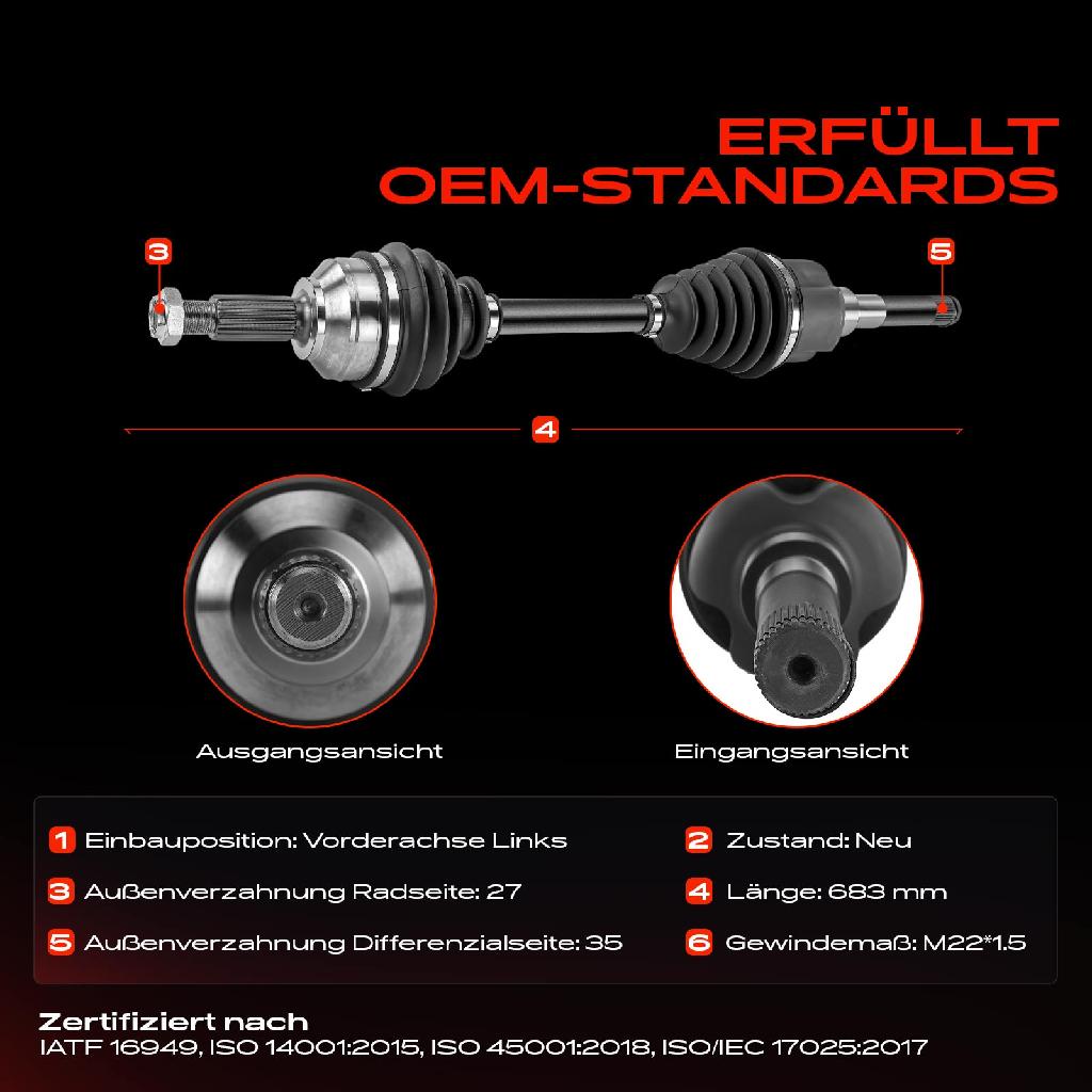 1x Antriebswelle Vorderachse Links für Ford Mondeo III Turnier Stufenheck B5Y B4Y BWY 2001-2007