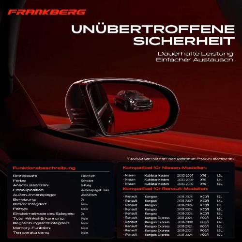 Frankberg 1x Außenspiegel Links für Nissan Kubistar X76 Renault Kangoo KC0/1 FC0/1 Bj ab 2001 Bild Frankberg 1x Außenspiegel Links für Nissan Kubistar X76 Renault Kangoo KC0/1 FC0/1 Bj ab 2001