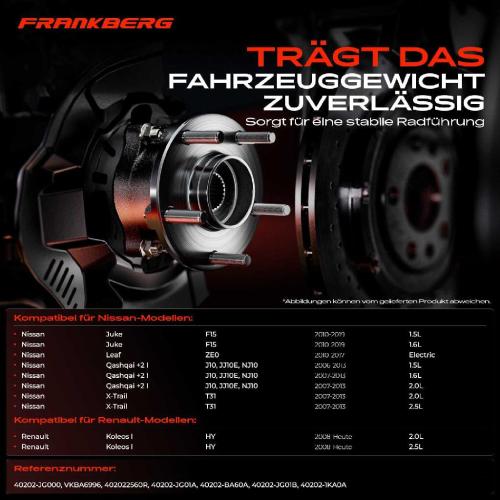 Frankberg 1x Radnabe Radlagersatz Vorderachse beidseitig für Nissan Juke Leaf Qashqai I X-Trail Renault Koleos Bild Frankberg 1x Radnabe Radlagersatz Vorderachse beidseitig für Nissan Juke Leaf Qashqai I X-Trail Renault Koleos