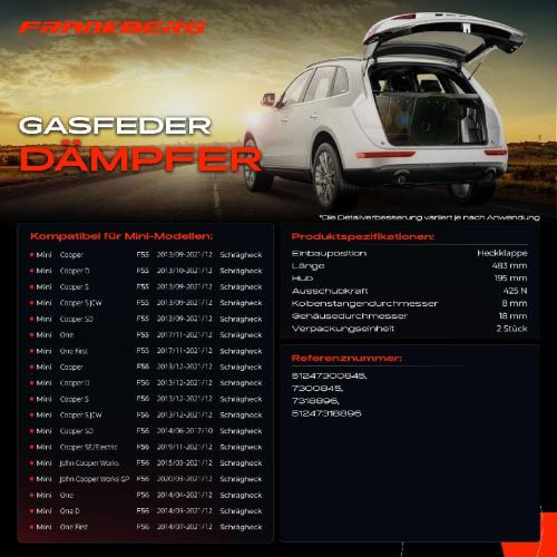 Frankberg 2x Gasfeder Dämpfer Heckklappe für MINI Mini F55 F56 Schrägheck 2013-2021 Bild Frankberg 2x Gasfeder Dämpfer Heckklappe für MINI Mini F55 F56 Schrägheck 2013-2021