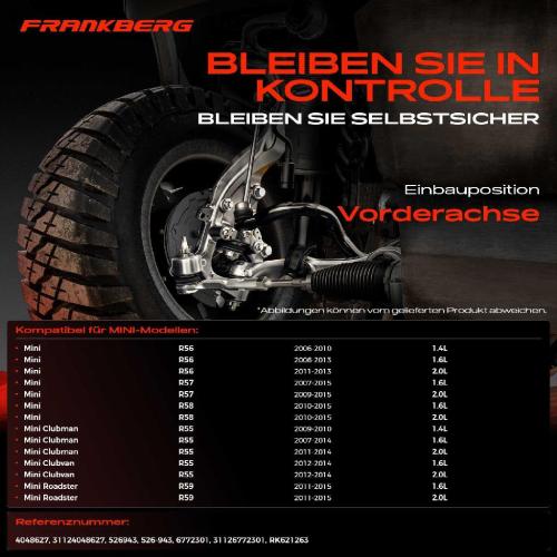 Frankberg 1x Querlenker Vorderachse für MINI Mini R56 Mini Cabriolet R57 Mini Clubman R55 Mini Clubvan Coupe R58 Bild Frankberg 1x Querlenker Vorderachse für MINI Mini R56 Mini Cabriolet R57 Mini Clubman R55 Mini Clubvan Coupe R58