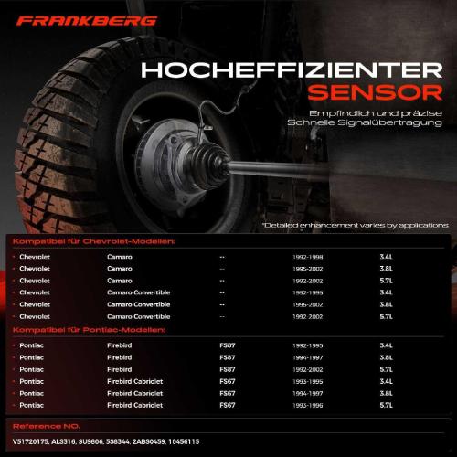 Frankberg 1x ABS Sensor Hinterachse beidseitig für Chevrolet Camaro Convertible Pontiac Firebird Cabriolet 1992-2002 Bild Frankberg 1x ABS Sensor Hinterachse beidseitig für Chevrolet Camaro Convertible Pontiac Firebird Cabriolet 1992-2002