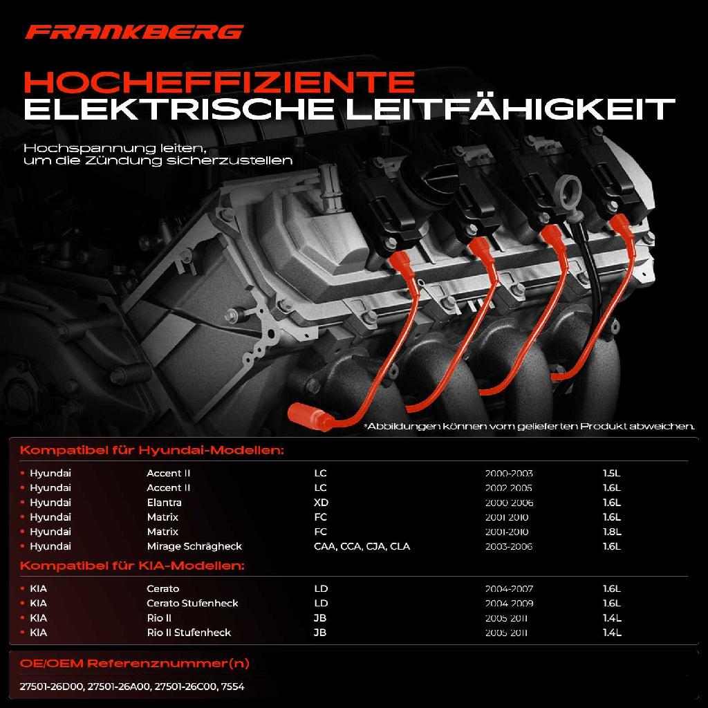 4x Zündleitungssatz Zündkabel für Hyundai Accent Elantra Getz Matrix KIA Rio II