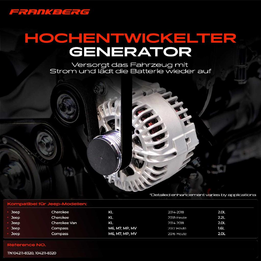 1x Lichtmaschine Generator für Jeep Cherokee KL 2.0L 2.2L Compass 1.6L 2.0L