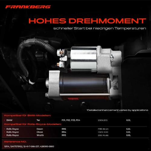 Frankberg 1x Anlasser Starter für BMW 7er F01 F02 F03 F04 Rolls-Royce Dawn RR6 Ghost RR4 Wraith RR5 6.0L 6.6L Bj ab 2009 Bild Frankberg 1x Anlasser Starter für BMW 7er F01 F02 F03 F04 Rolls-Royce Dawn RR6 Ghost RR4 Wraith RR5 6.0L 6.6L Bj ab 2009