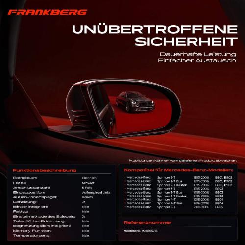 Frankberg 1x Außenspiegel Links für Mercedes-Benz Sprinter B901 B902 B903 B904 B905 1995-2006 Bild Frankberg 1x Außenspiegel Links für Mercedes-Benz Sprinter B901 B902 B903 B904 B905 1995-2006
