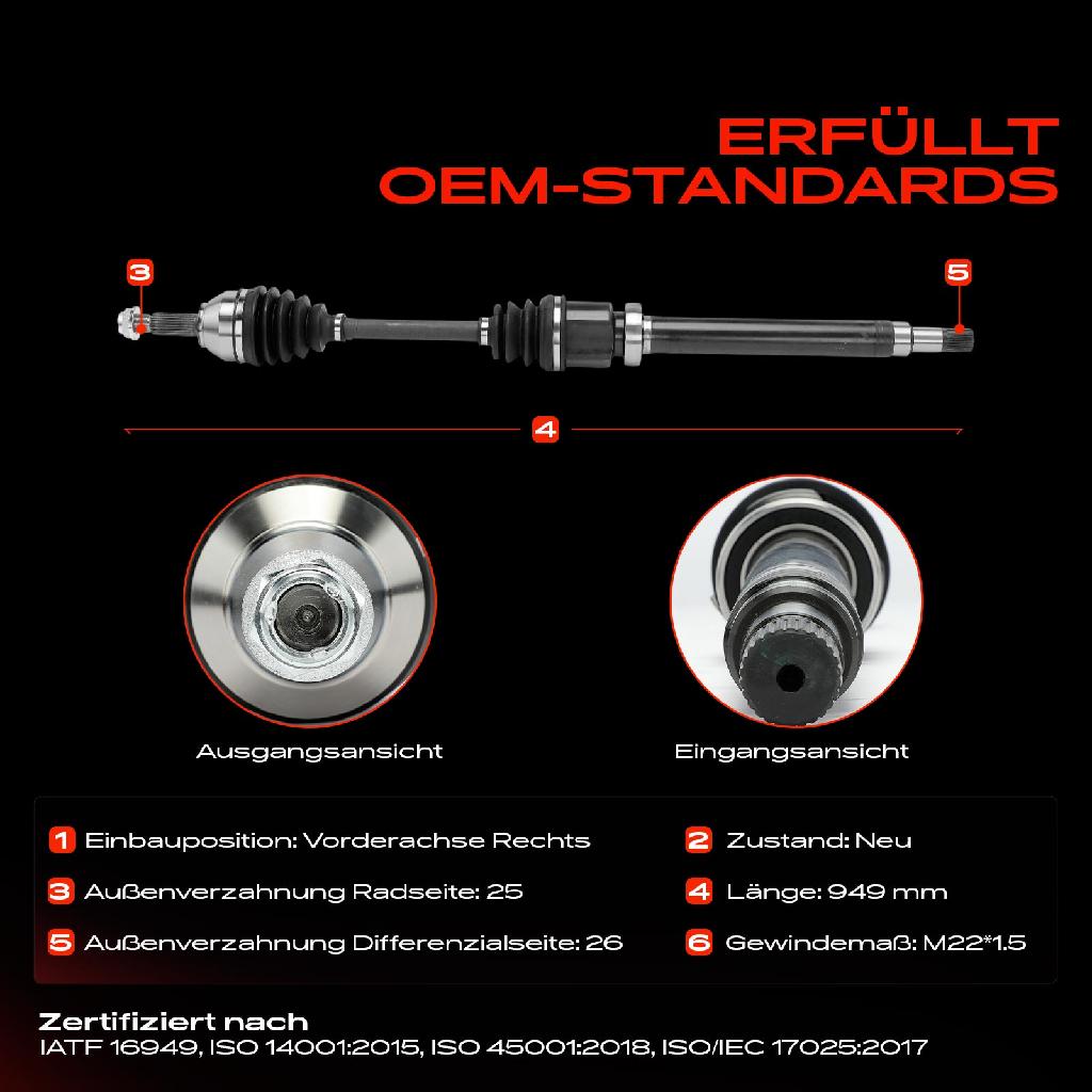 1x Antriebswelle Vorderachse Rechts für Ford Focus DAW DBW DFW DNW 1998-2004