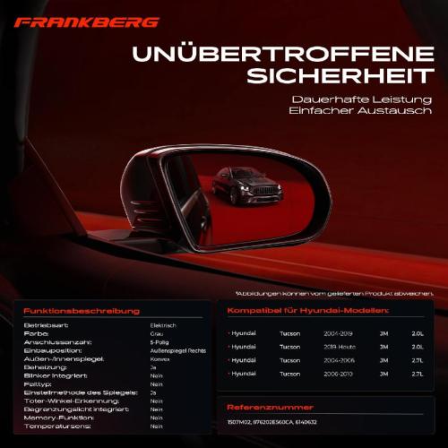 Frankberg 1x Außenspiegel Rechts für Hyundai Tucson JM 2.0L 2.7L Bj ab 2004 Bild Frankberg 1x Außenspiegel Rechts für Hyundai Tucson JM 2.0L 2.7L Bj ab 2004