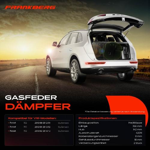 Frankberg 2x Gasfeder Dämpfer Heckklappe VW Passat 362 Stufenheck 2010-2014 Bild Frankberg 2x Gasfeder Dämpfer Heckklappe VW Passat 362 Stufenheck 2010-2014