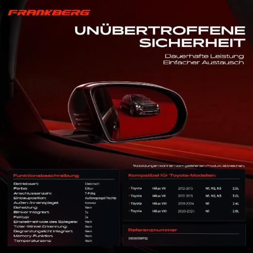 Frankberg 1x Außenspiegel Rechts für Toyota Hilux VII N1 N2 N3 2.5L 3.0L 2.4L 2.8L Bj ab 2012 Bild Frankberg 1x Außenspiegel Rechts für Toyota Hilux VII N1 N2 N3 2.5L 3.0L 2.4L 2.8L Bj ab 2012