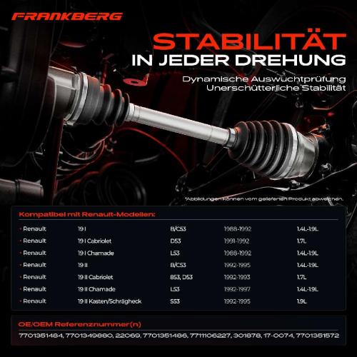 Frankberg 1x Antriebswelle Vorderachse Links für Renault 19 I II B/C53 853 D53 L53 Bild Frankberg 1x Antriebswelle Vorderachse Links für Renault 19 I II B/C53 853 D53 L53