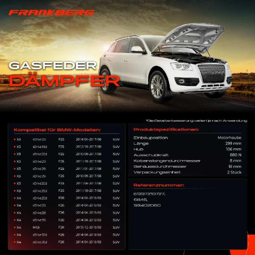 Frankberg 2x Gasfeder Dämpfer Motorhaube für BMW X3 F25 X4 F26 SUV 2010-2018 Bild Frankberg 2x Gasfeder Dämpfer Motorhaube für BMW X3 F25 X4 F26 SUV 2010-2018
